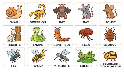 Obraz premium Household and Agricultural Pest Animals Cartoon Vector Collection for Extermination Services