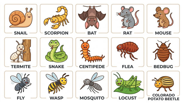 Household and Agricultural Pest Animals Cartoon Vector Collection for Extermination Services