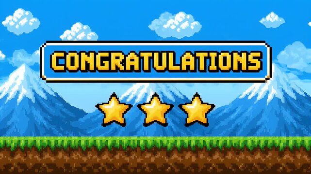 Congratulations pixel art game screen with three stars and a mountain background scene