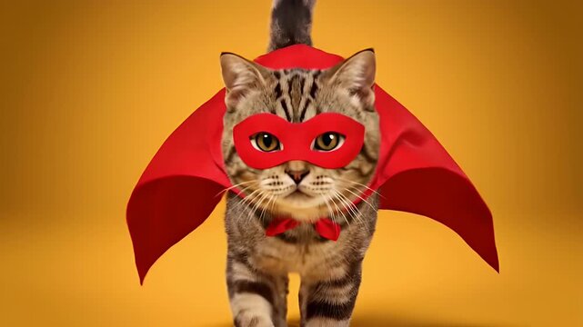 Superhero cat in red cape walking towards the camera on a vibrant yellow background.