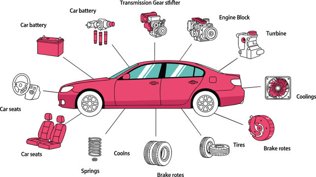 Sedan car infographic with auto parts components engine block turbine brake rotors and suspension springs