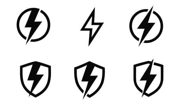 Six black lightning bolt icons featuring circular and shield shapes on a white background icon