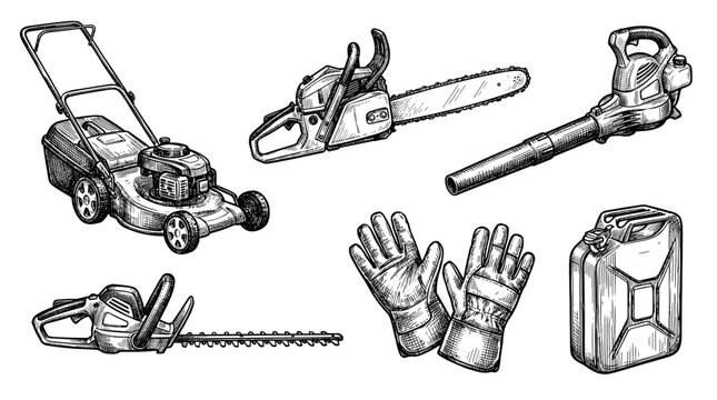 Collection of garden tools including lawn mower chainsaw hedge trimmer leaf blower gloves and fuel can