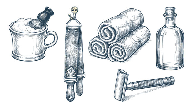 Vintage shaving tools and accessories including a razor brush mug strop towels and bottle