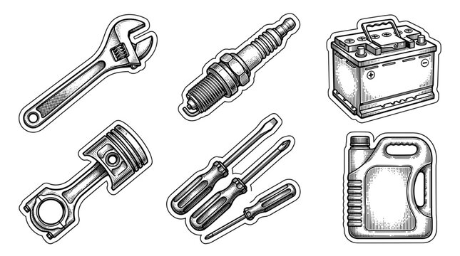 Set of car repair tools and parts including wrench spark plug battery piston screwdriver and oil can