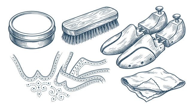 Shoe care kit with shoe trees brush polish and cloth sketch illustration