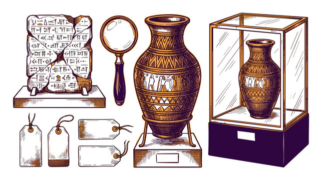 Ancient Egyptian Artifacts Displayed with Magnifying Glass and Tags