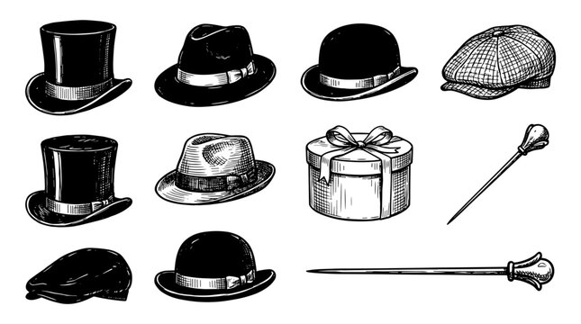 Collection of vintage hats and accessories including top hats fedoras bowler hats and canes