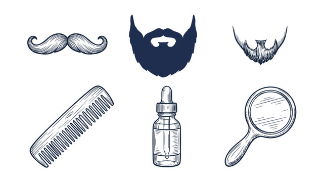 Grooming tools and beard styles for men including mustache comb oil and mirror