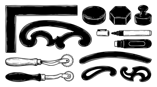 Collection of vintage drafting tools and drawing instruments for architects and designers