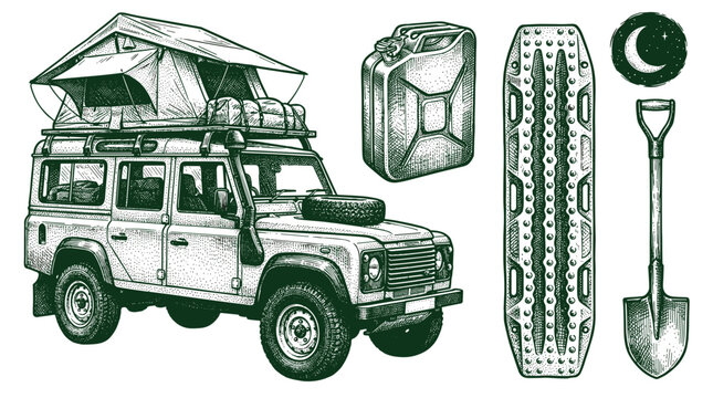 Off road adventure vehicle with camping tent and adventure gear illustration