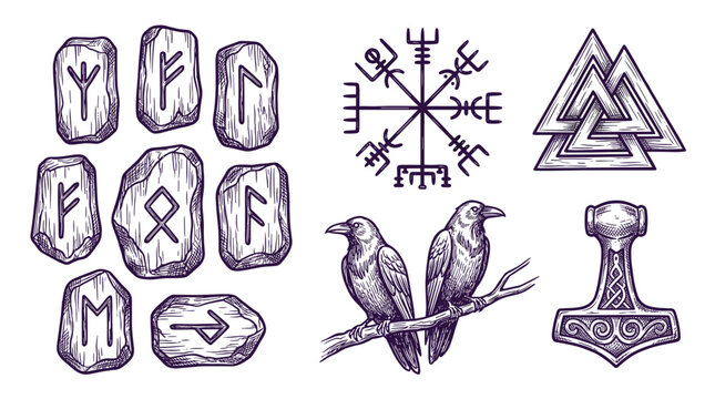 Norse Mythology Symbols Runes Ravens Thor Hammer and Vegvisir Compass