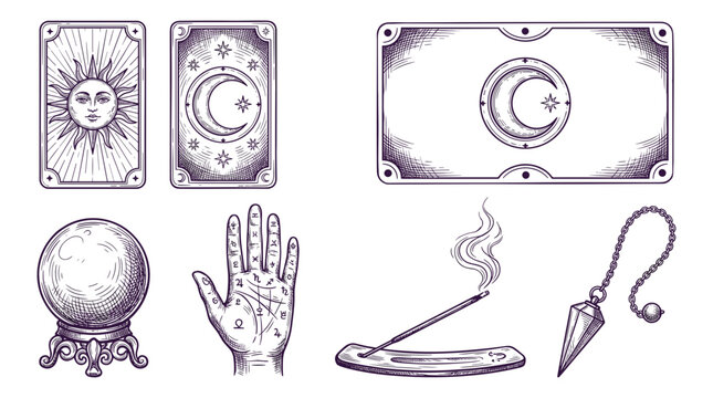 Esoteric symbols for fortune telling and divination including tarot cards crystal ball and pendulum