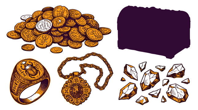Treasure chest with gold coins jewels ring and necklace illustration