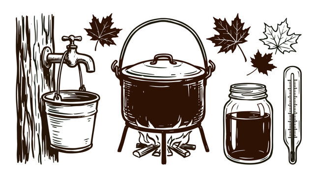 Maple Syrup Production Process Illustration with Sap Collection Boiling and Bottling