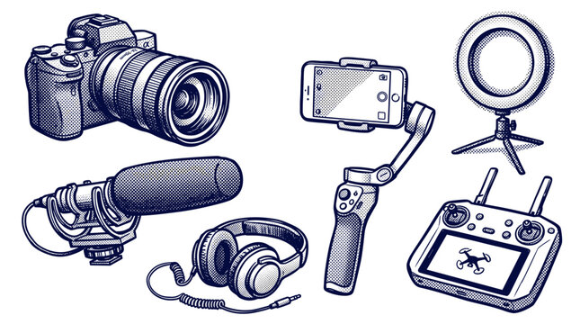 Vlogging and content creation equipment including camera microphone gimbal drone controller and ring light