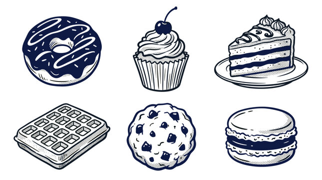 Collection of delicious baked goods including a donut cupcake cake slice waffle cookie and macaron