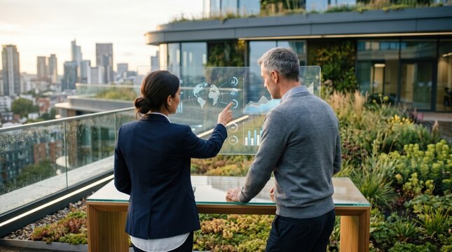 Business partners analyzing global data on futuristic holographic interface in modern green rooftop office with city skyline background, sustainable corporate technology concept