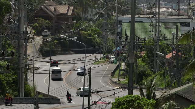 sunny day phuket island town center traffic road famous electric wires aerial panorama 4k thailand