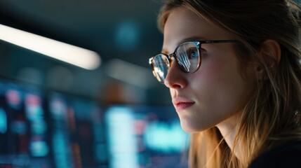 Naklejka premium Young woman focused on computer screen data analysis, reflecting glowing lights in glasses