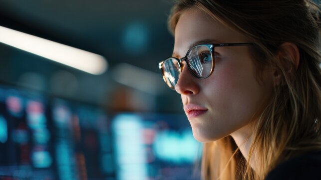 Young woman focused on computer screen data analysis, reflecting glowing lights in glasses