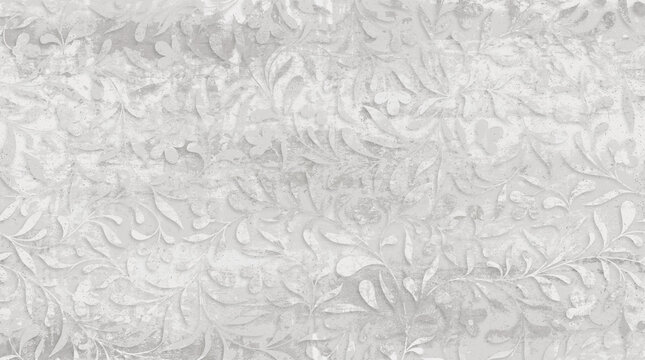 A seamless, textured vintage floral and vine pattern in light gray and white tones.