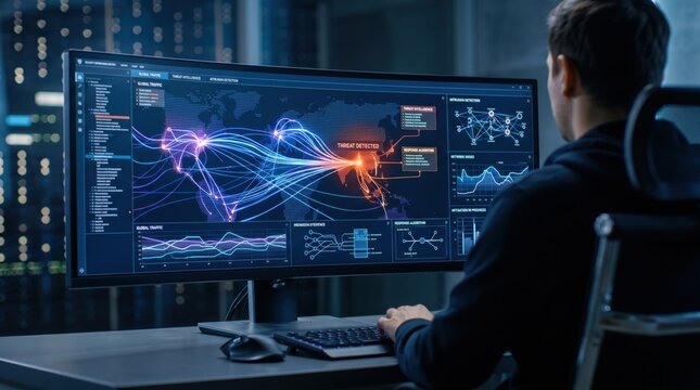 Cybersecurity analyst monitoring global network traffic and threat detection on large computer screen, protecting data from cyber attacks in server room environment.