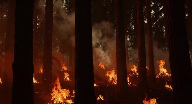 Intense Forest Fire Burning Through Tall Trees Creating Dramatic Cinematic Atmosphere for Danger Concept