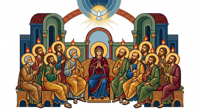 Virgin Mary sits surrounded by the twelve apostles in this vibrant religious icon style painting depicting the holy event of pentecost with glowing golden halos and a white dove above