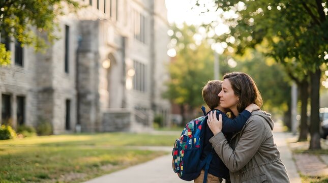 mother hugging child before school
