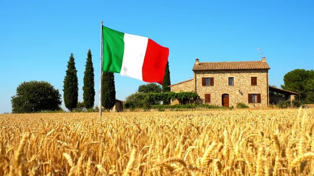 Italian Flag Waving in Golden Wheat Field by Stone Farmhouse