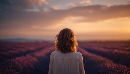 Fototapeta premium Woman Standing in Lavender Field at Sunset with Warm Light and Serene Atmosphere