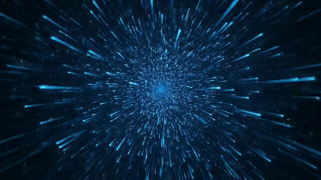 Blue energy particles explosion bursting from the center in a fast motion animation