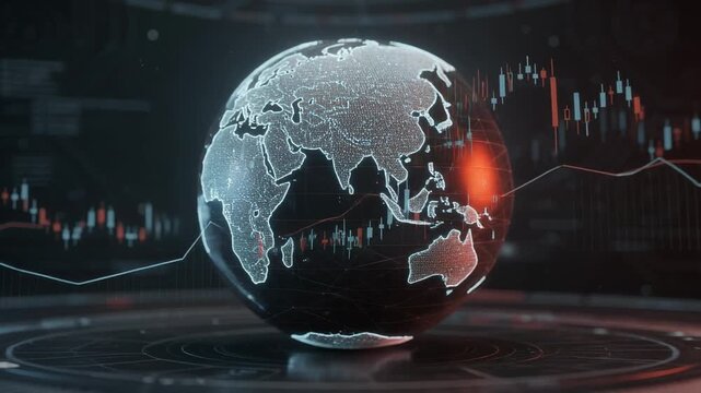 Futuristic digital globe with glowing continents rotating slowly in a dynamic cosmic environment