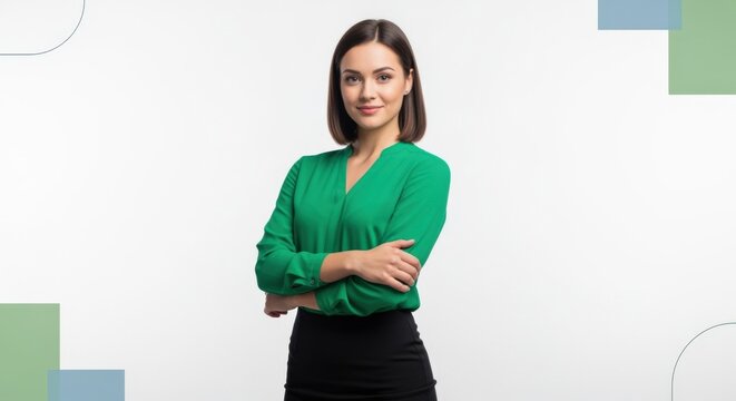Confident professional woman with arms crossed wearing a green blouse and black skirt, smiling on a white background with abstract shapes