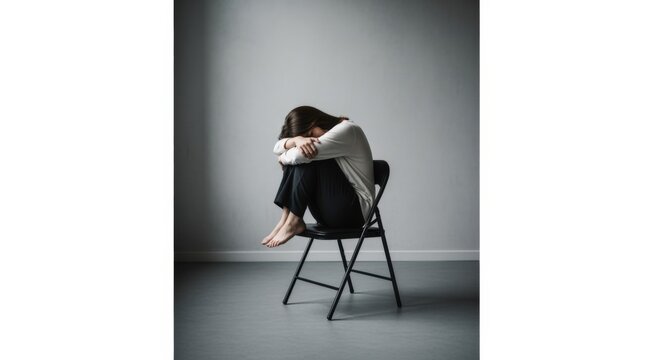 Woman curled up on a chair in a minimalist room, conveying feelings of isolation and sadness