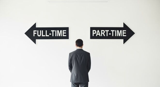 Businessman at Crossroads Facing Full-Time vs Part-Time Job Choice with Arrows on Wall