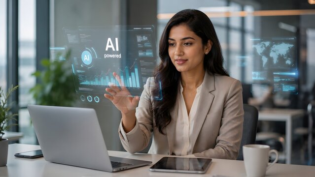 Professional woman interacting with aipowered holographic data interface in office