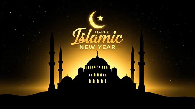 Happy Islamic New Year greeting with mosque silhouette and golden crescent moon star