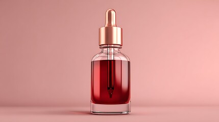 Naklejka premium Minimal clear glass dropper bottle with rose gold cap, filled with deep red liquid, pastel pink background