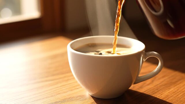A close-up cinematic shot of freshly brewed coffee being slowly poured into a pristine white ceramic cup on a minimalist wooden table.