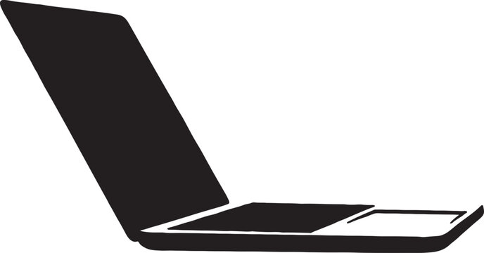 Modern open laptop computer black silhouette vector graphic icon for technology and work with computer notebook portable technology electronics keyboard internet education business