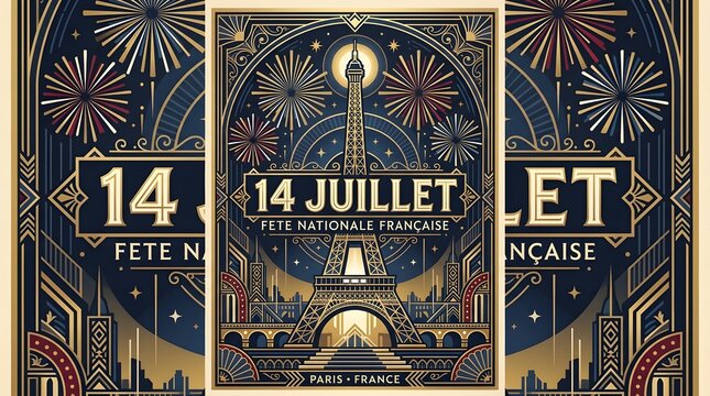 Art Deco Poster Celebrating French National Day with Eiffel Tower