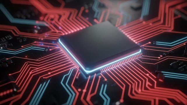Futuristic microchip with glowing red and blue circuits transmitting data in high tech digital design