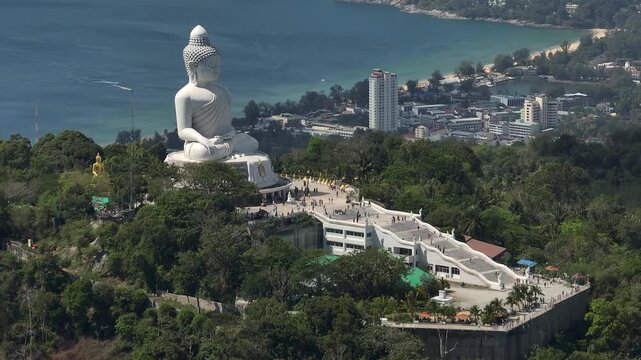 sunny day phuket island famous mountain top crowded stairs big buddha monument bay view aerial panorama 4k thailand
