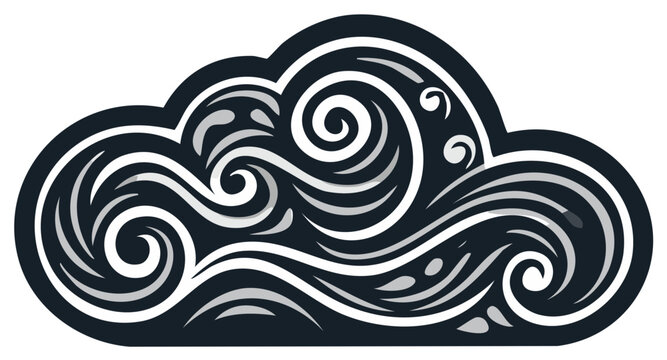 Stylized cloud design illustration with swirling patterns and decorative elements in a dark color scheme