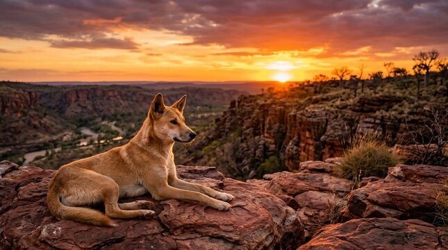 A wild dingo resting on rocky cliffs during a beautiful Australian outback sunset.
