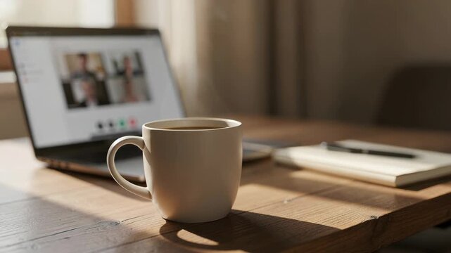 Cozy workspace with steaming cup and laptop on wooden desk for productive remote work and home office comfort