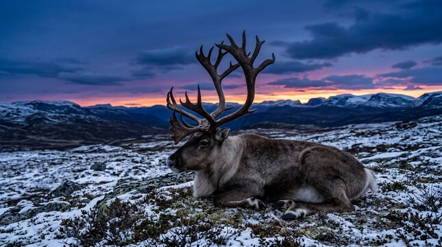 A majestic reindeer resting on a snowy mountain landscape at sunset.
