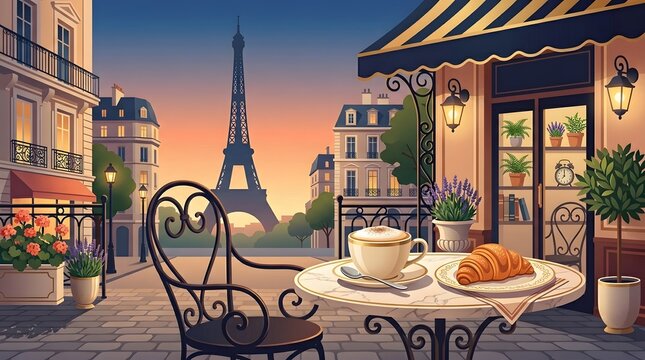 Charming Parisian Caf&eacute; Scene with Eiffel Tower at Sunrise